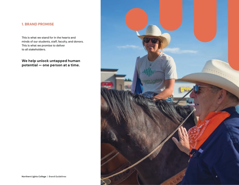 Northern Lights College brand guidelines, page 6: brand promise: “We help unlock untapped human potential, one person at a time”.
