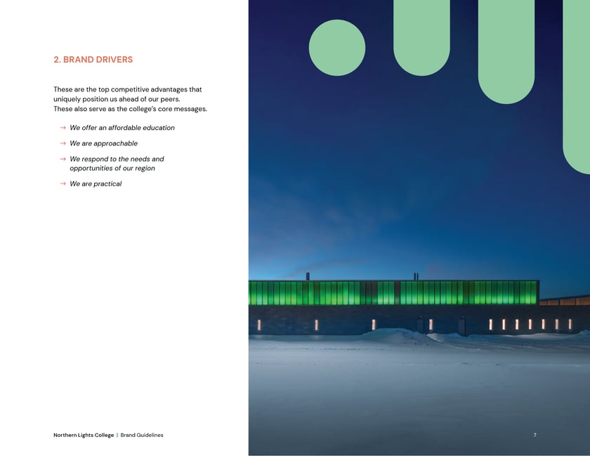 Northern Lights College brand guidelines, page 7: brand drivers.