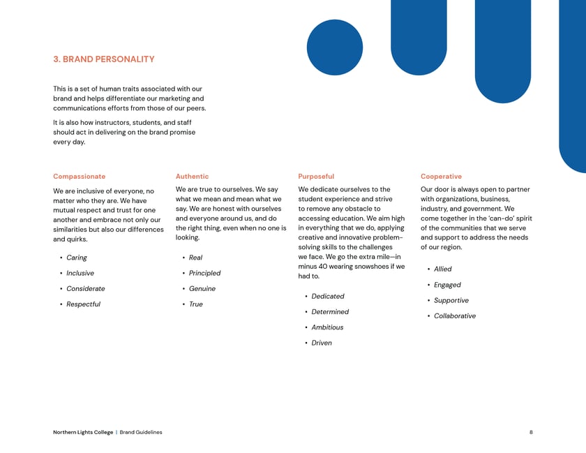 Northern Lights College brand guidelines, page 8: brand personality traits.