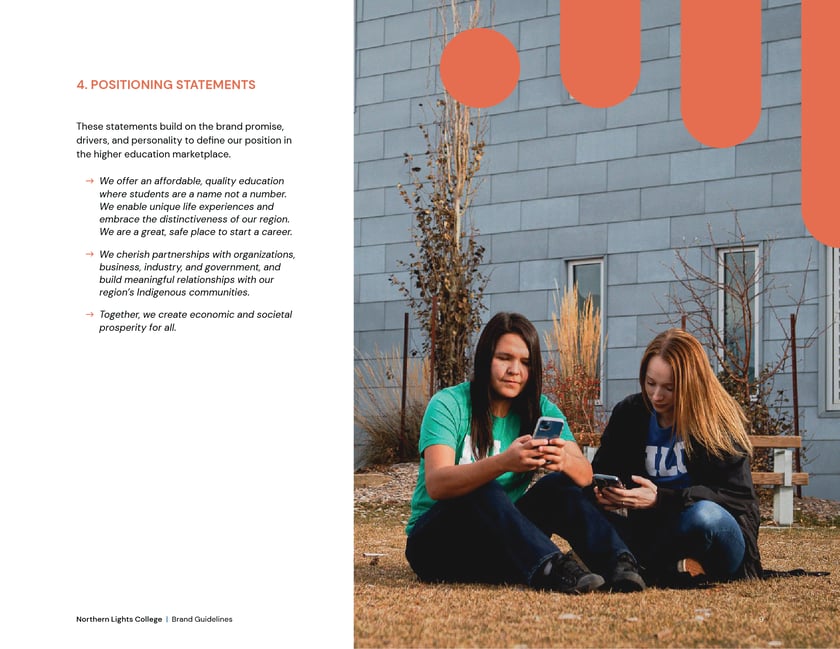 Northern Lights College brand guidelines, page 9: positioning statements.