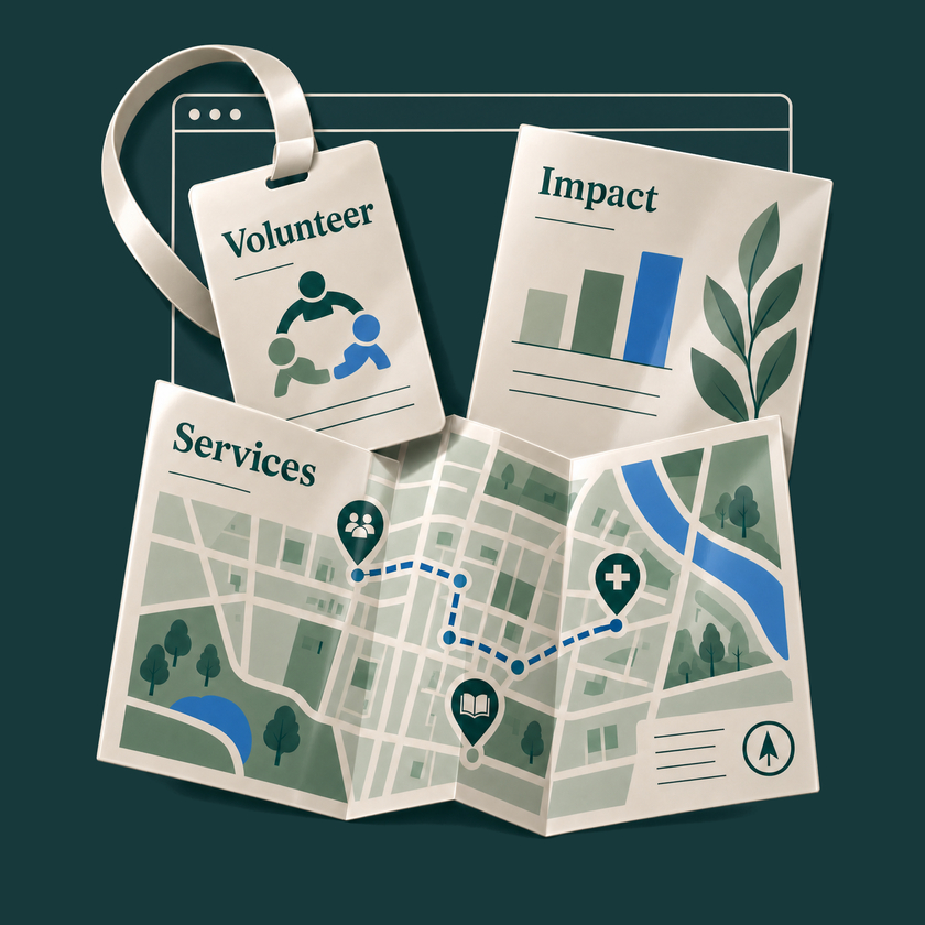 Service map, volunteer card, and impact sheet arranged in front of a browser outline.
