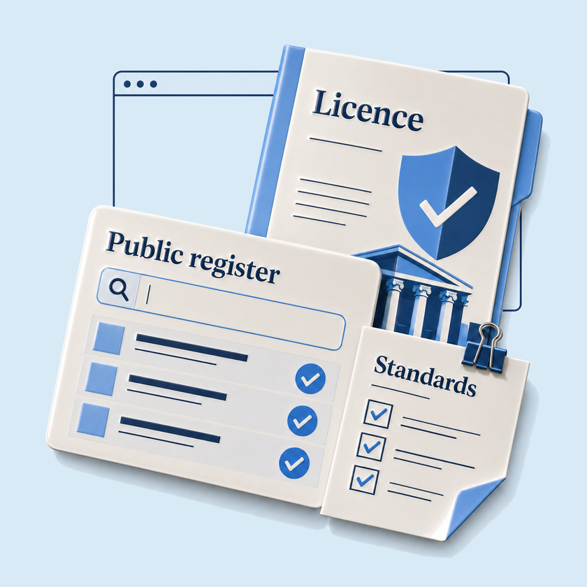 Public register, licence, and standards checklist arranged in front of a browser outline.