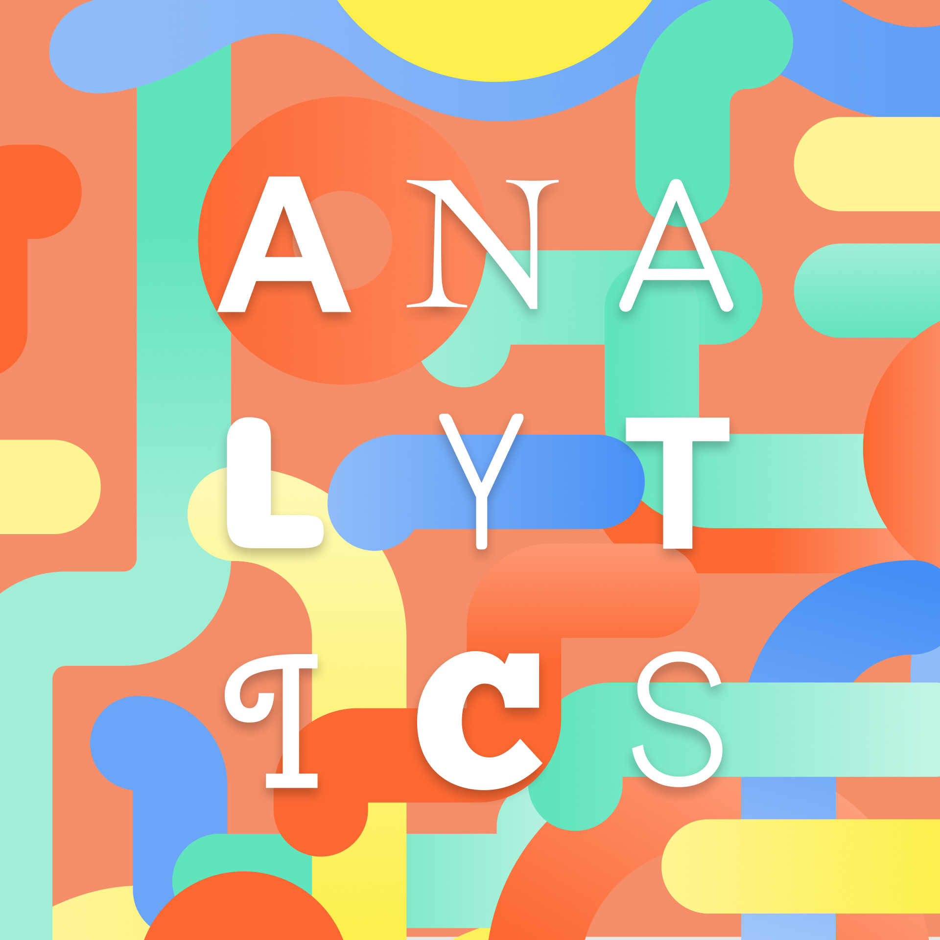 a bold orange background with rounded lines in light green, blue and yellow and the letters ANALYTICS on top