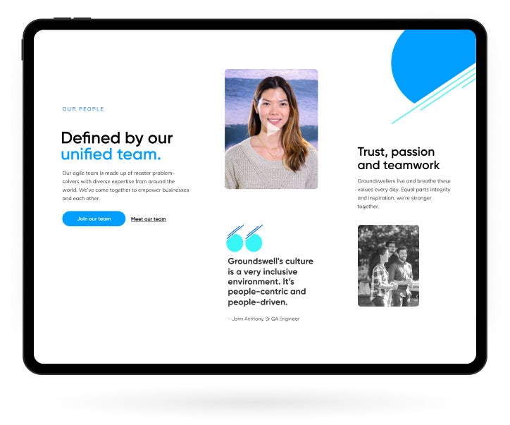 A mockup of the Groundswell Cloud Solutions website on an iPad.