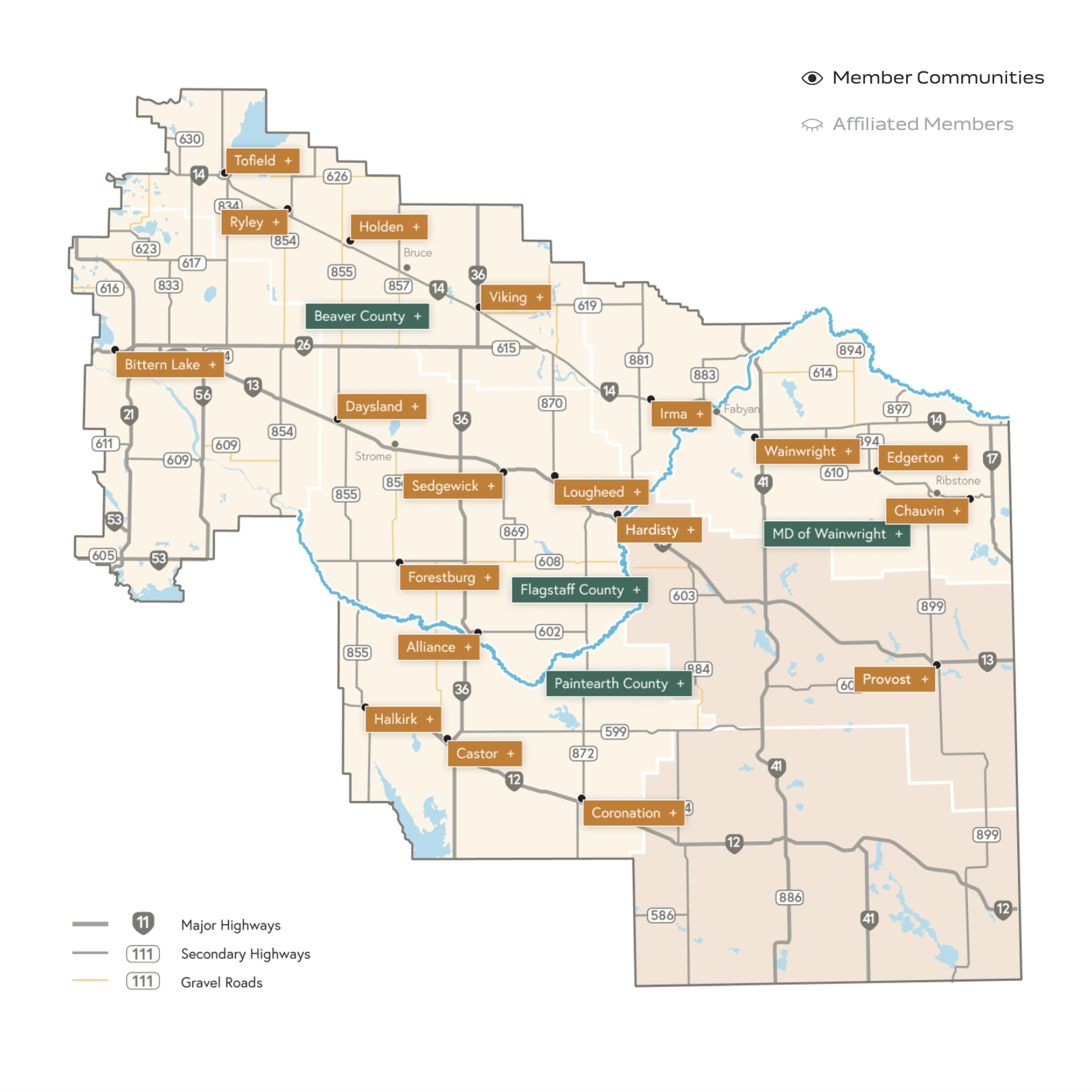 A screenshot of the map showing all of the communities that are part of the Battle River area.