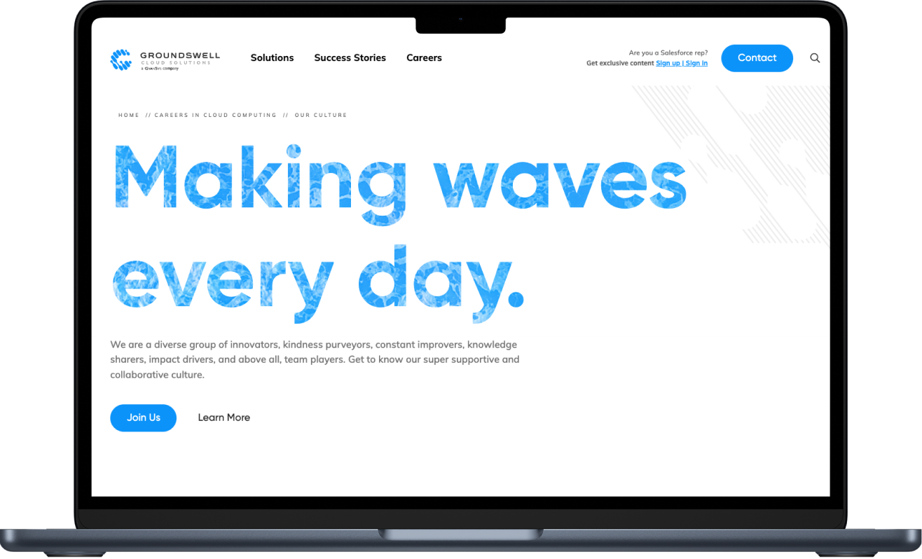 A mockup of the Groundswell Cloud Solutions hero section.