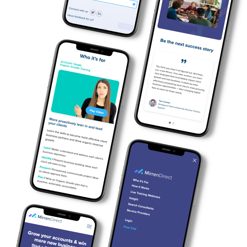 A diagonal mockup of smartphones showing various screenshots of the Mirren Direct website.