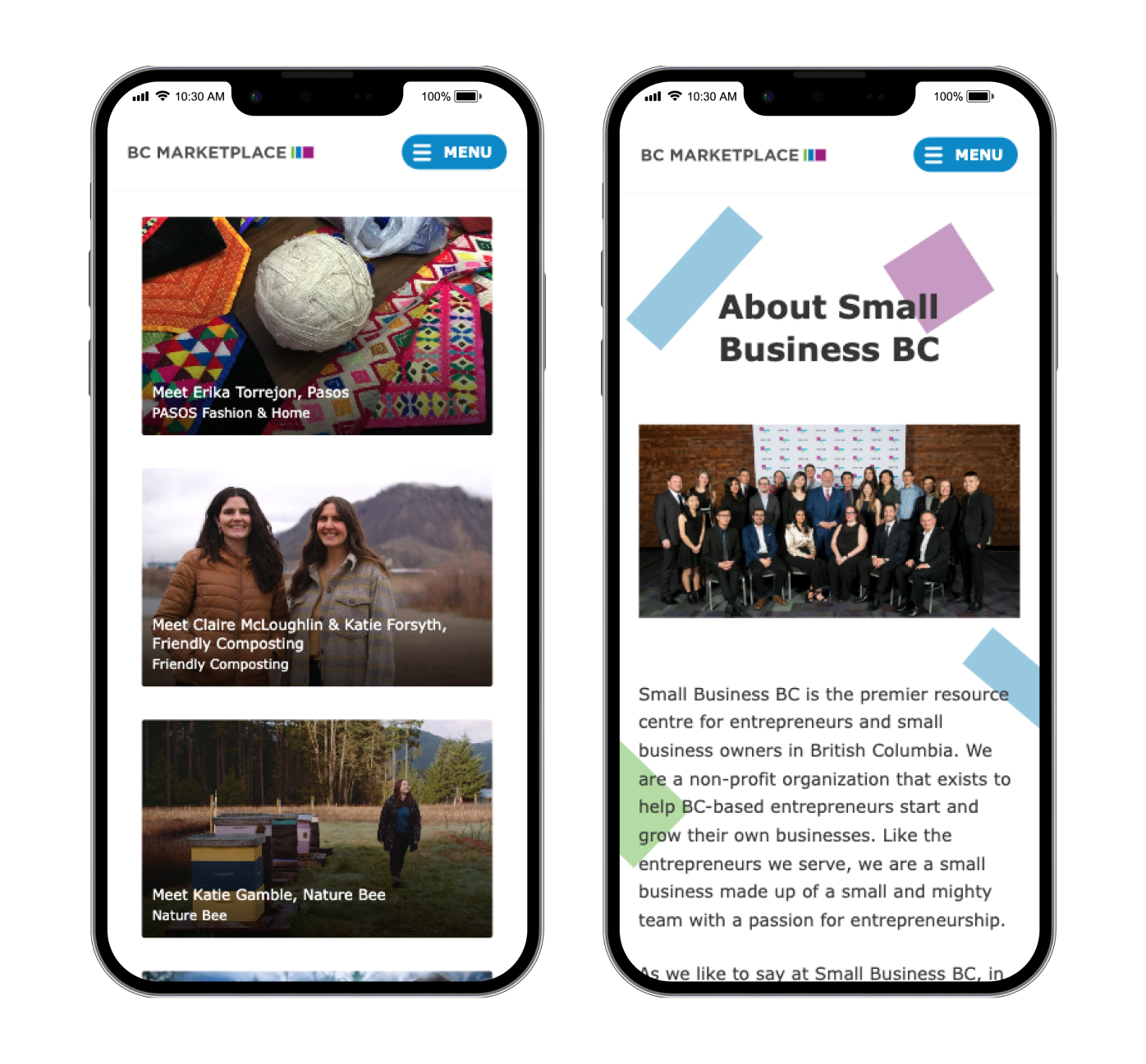 Two iPhone mockups showing different screens of the Marketplace BC website.