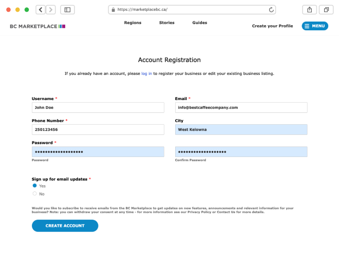 A screenshot of the business directory account creation screen.