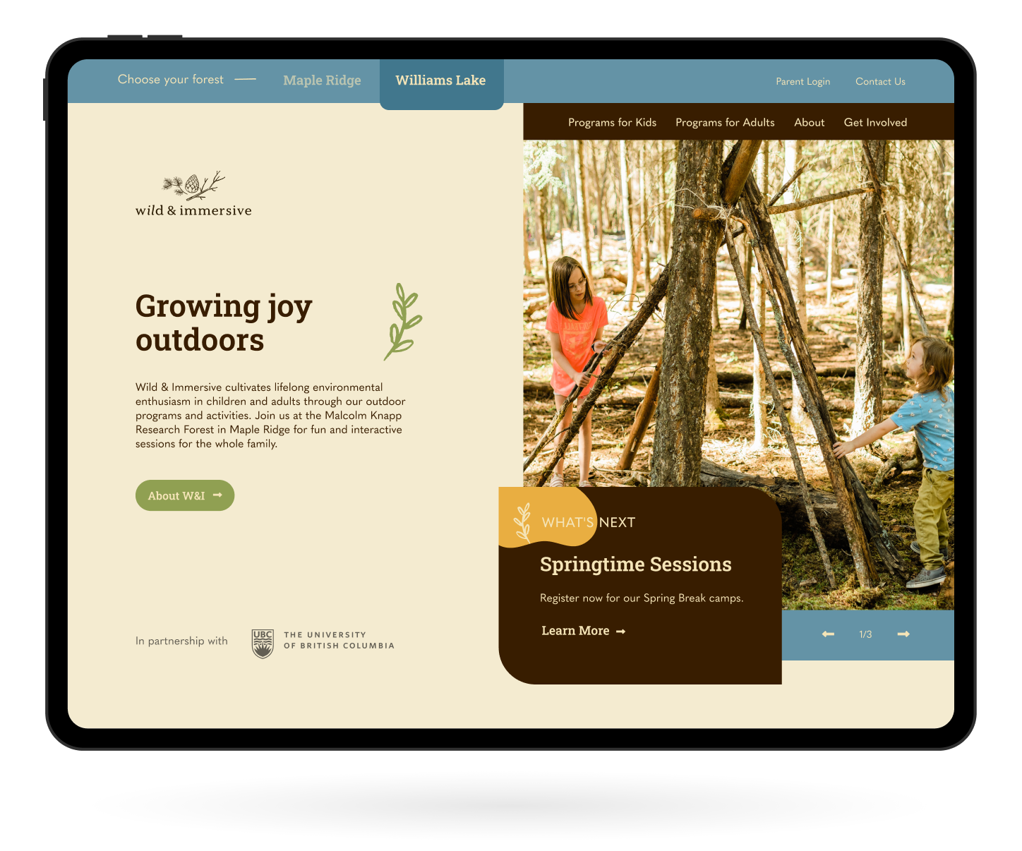 An iPad mockup of the UBC Wild & Immersive homepage.