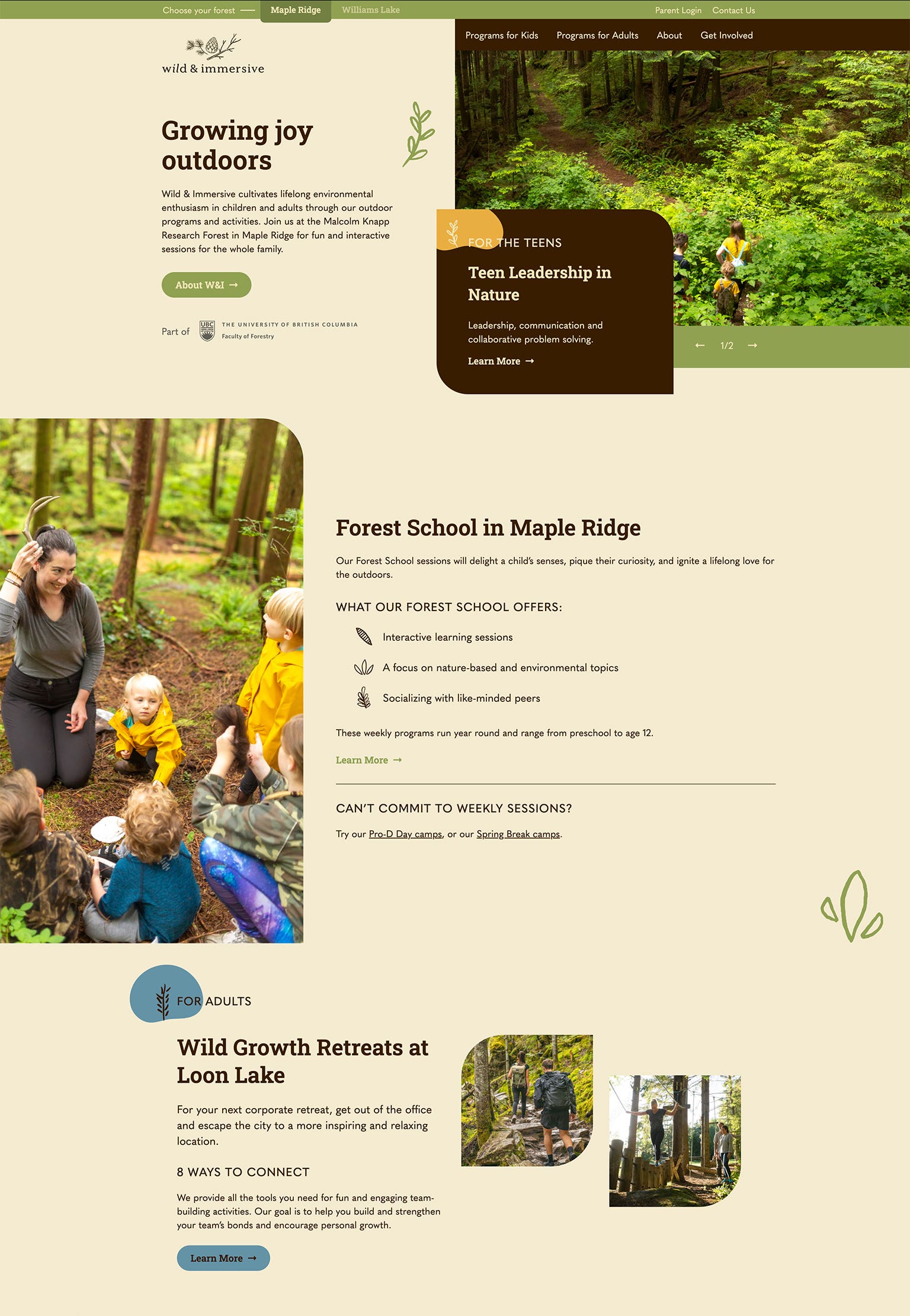 A screenshot of The University of BC's Wild & Immersive program homepage.