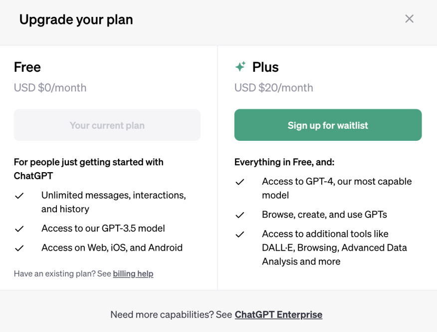 A screenshot showing the pricing options for ChatGPT.