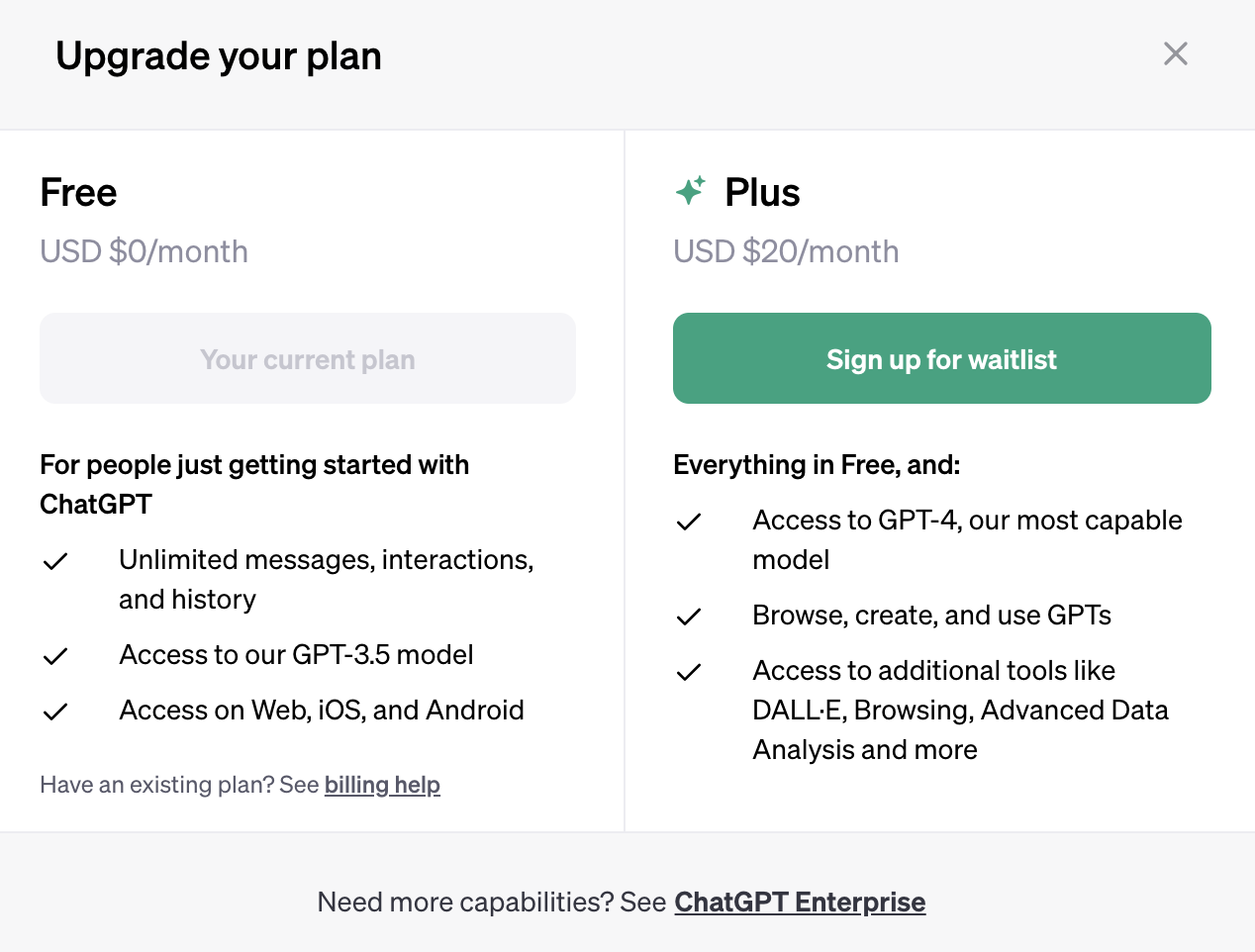 A screenshot showing the pricing options for ChatGPT.