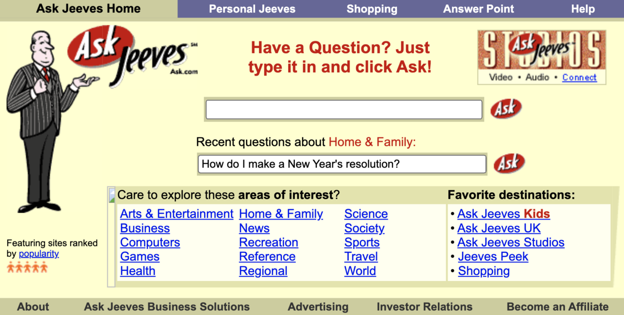 Screenshot of the old Ask Jeeves homepage with a search bar and an animated character of Jeeves, the butler.