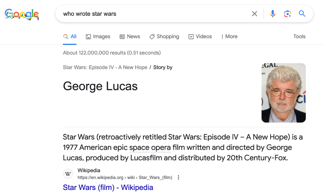 Google search results for ‘who wrote star wars,’ with a featured answer box displaying George Lucas as the writer.