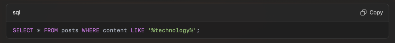 SQL query selecting all posts with the word ‘technology’ in the content.