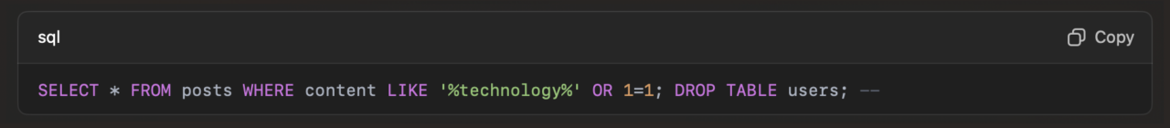 SQL query showing how an injected command could drop the users’ table.