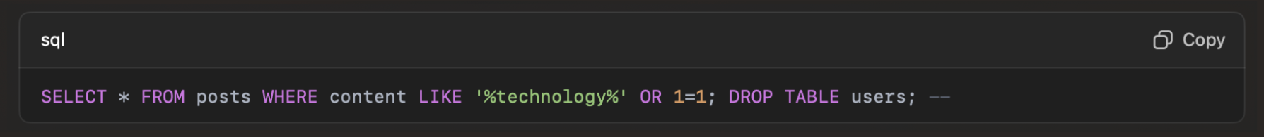 SQL query showing how an injected command could drop the users’ table.