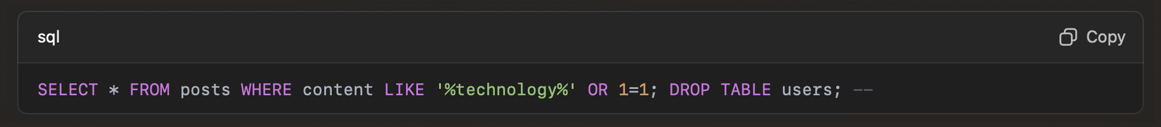 SQL query showing how an injected command could drop the users’ table.