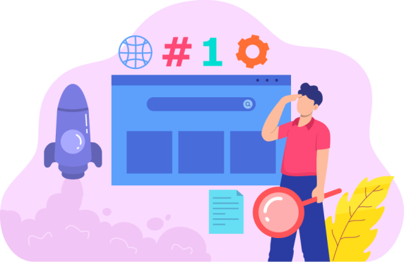 Cartoon image of a man looking at a search page