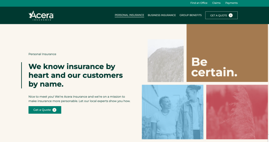 Screencap of homepage of the Acera Insurance website