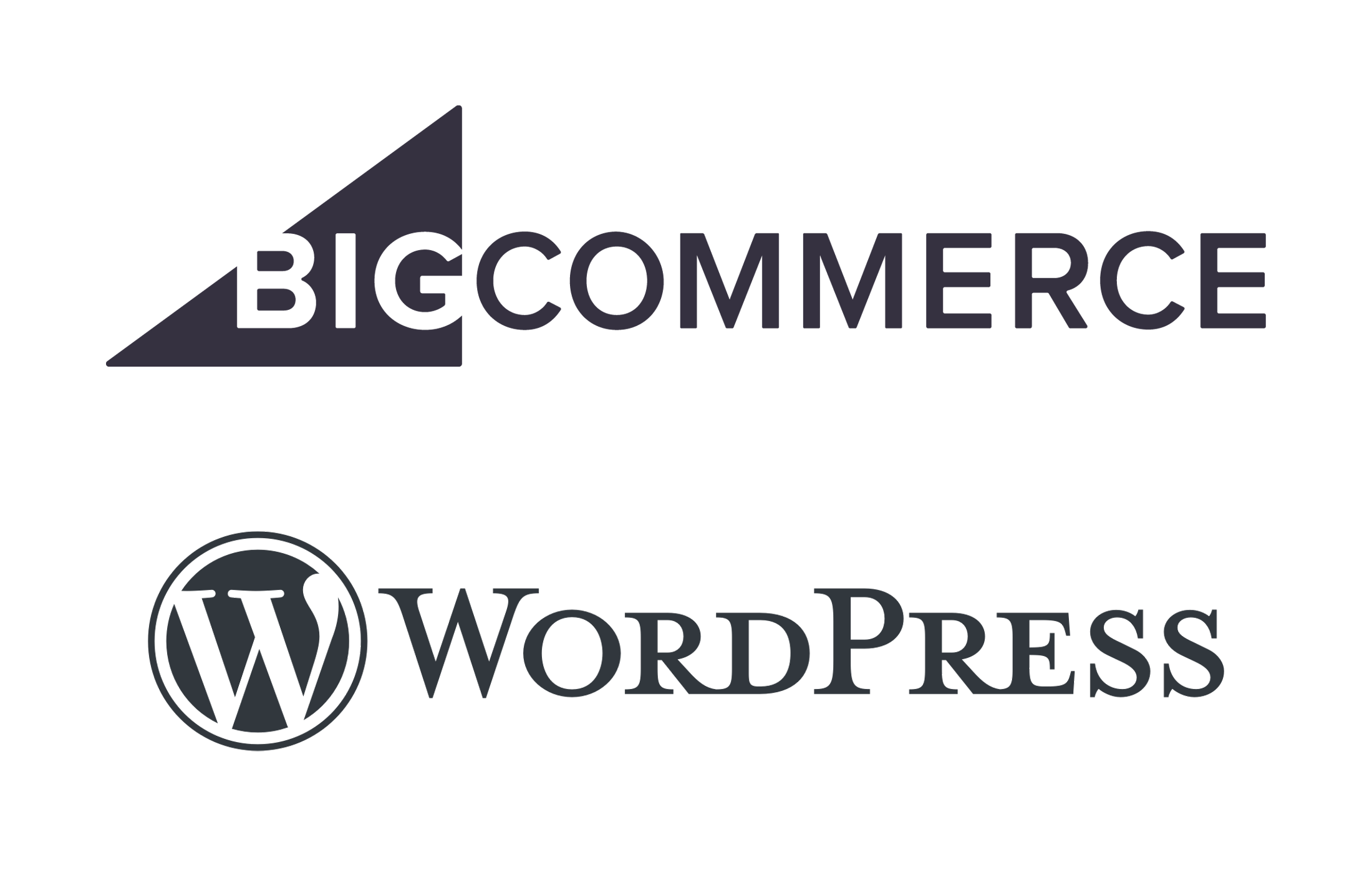 A mockup of the BigCommerce and WordPress logos.