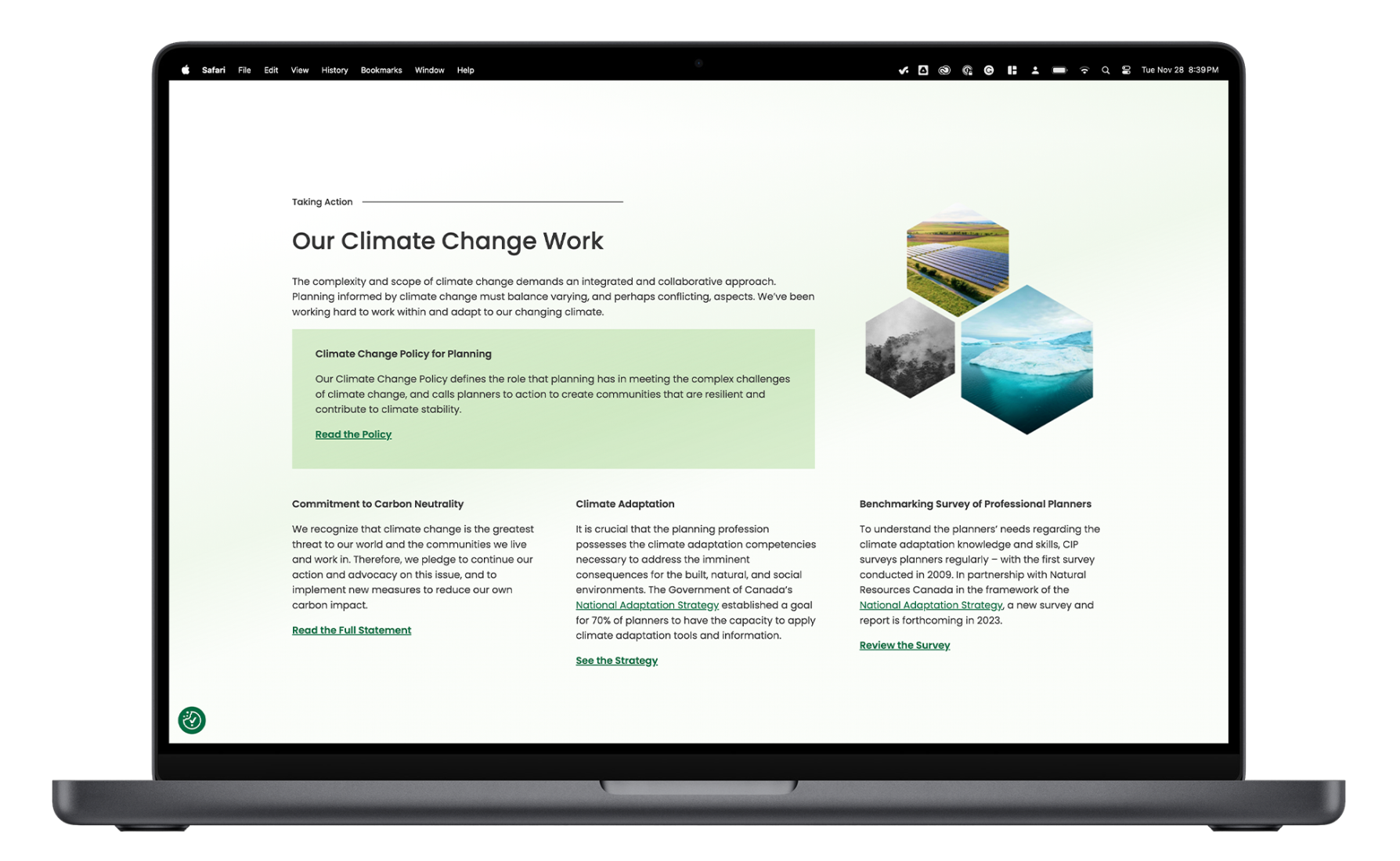 A MacBook mockup showing the various content types on the Canadian Institute of Planners' website.