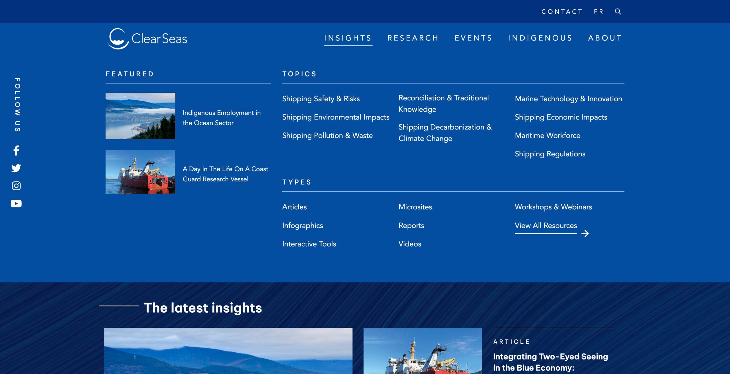 A screenshot of the ClearSeas mega menu showing the various topics and resources available.