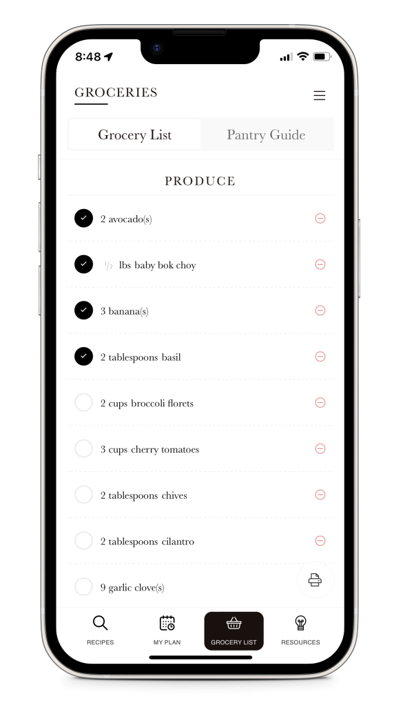 An iPhone screenshot showing the grocery list feature of the Fraiche Table WordPress app.