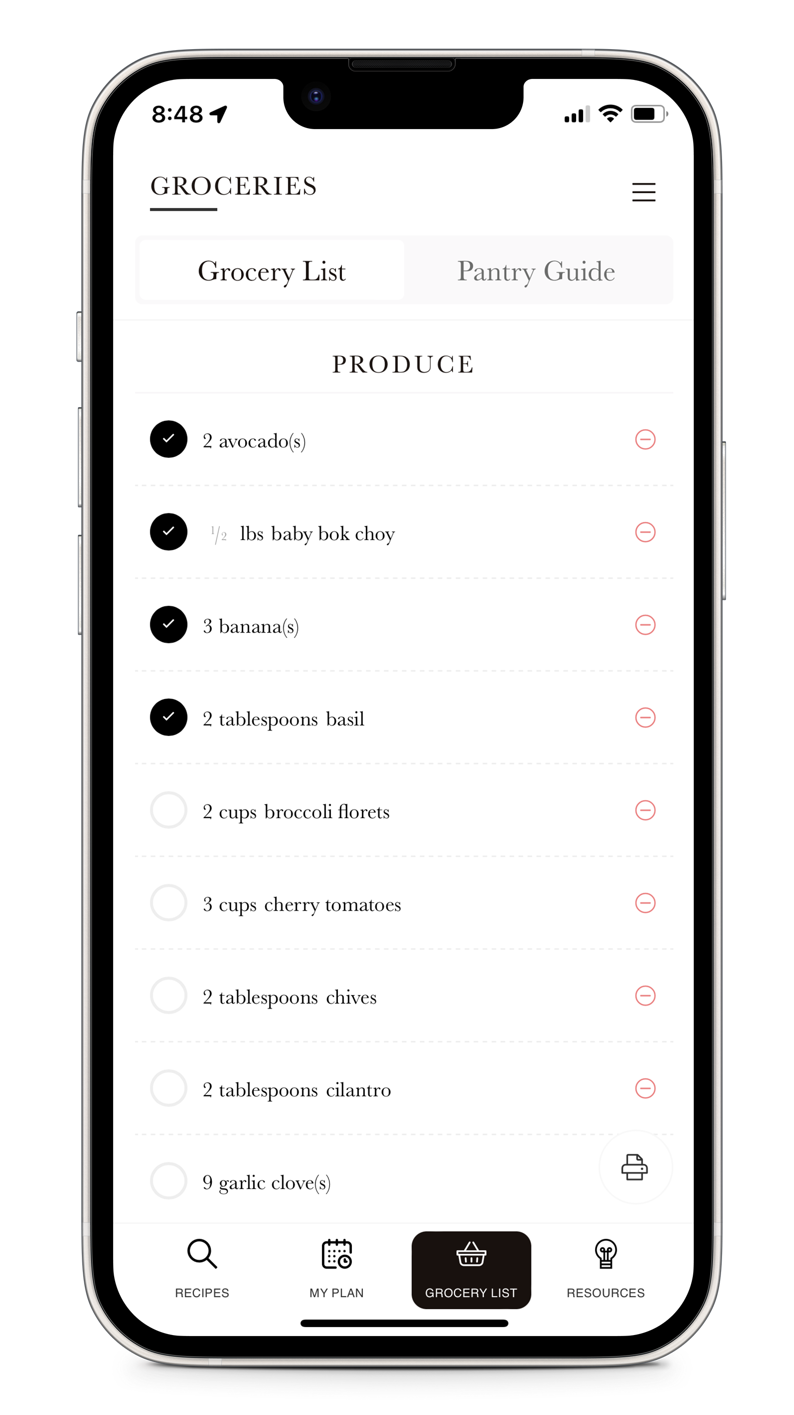 An iPhone screenshot showing the grocery list feature of the Fraiche Table WordPress app.