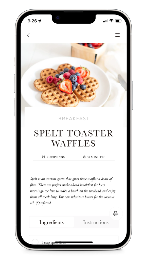 An iPhone screenshot showing one of the recipes on the Fraiche Table WordPress app.