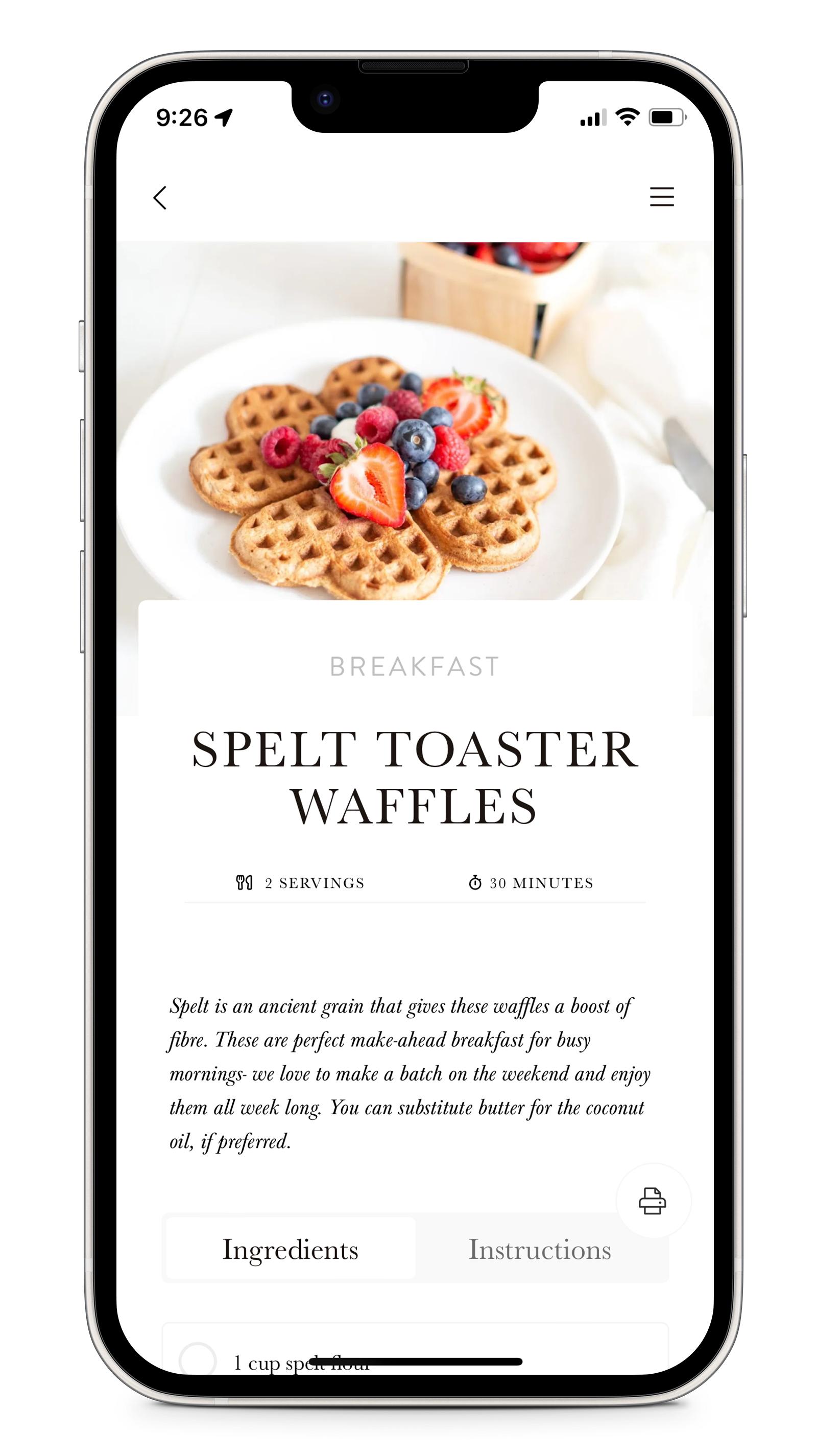 An iPhone screenshot showing one of the recipes on the Fraiche Table WordPress app.