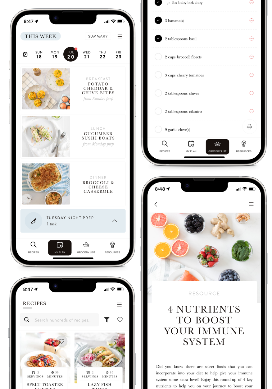 A set of iPhone mockups of the Fraiche Table progressive web app.