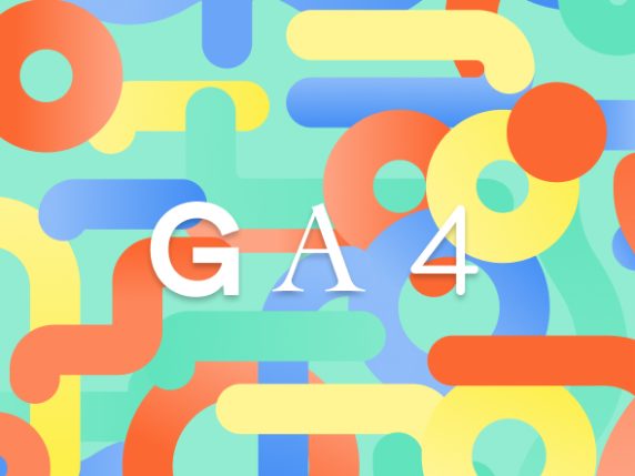 The word "GA4 (Google Analytics 4)" on top of colourful abstract background