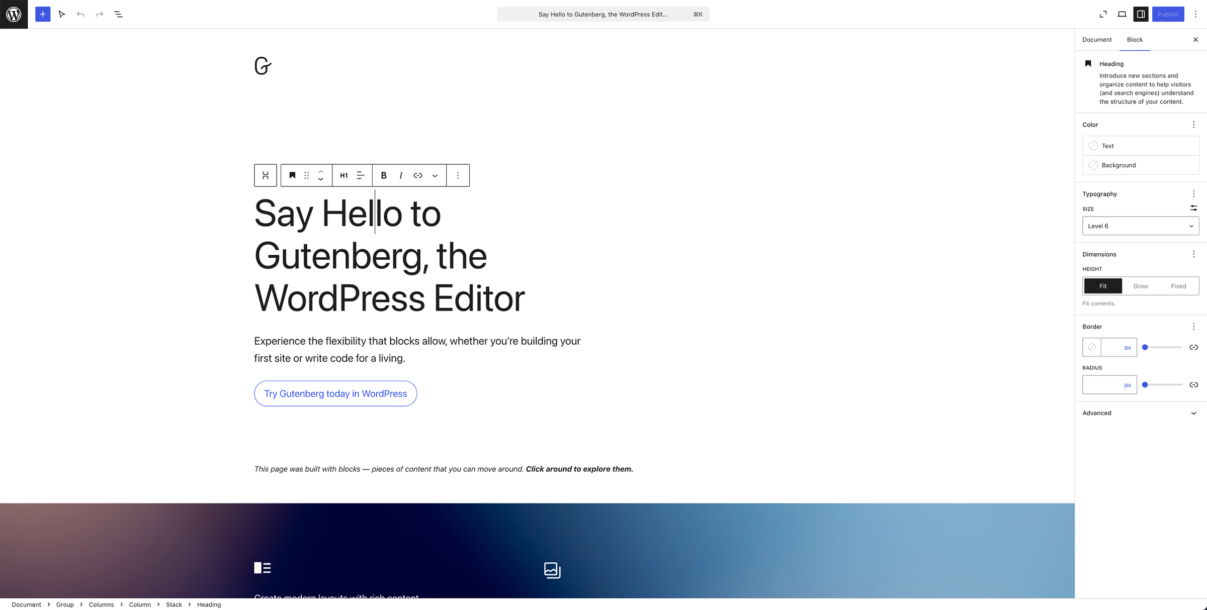 Screenshot of the Gutenberg WordPress editor interface with block editing options