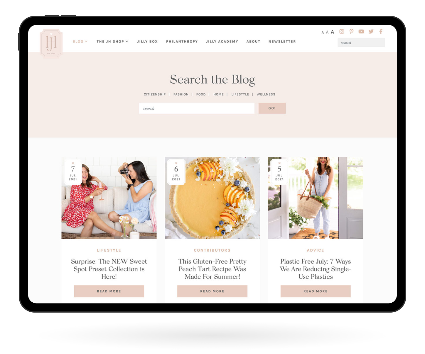 An iPad mockup showing the blog on Jillian Harris' website.