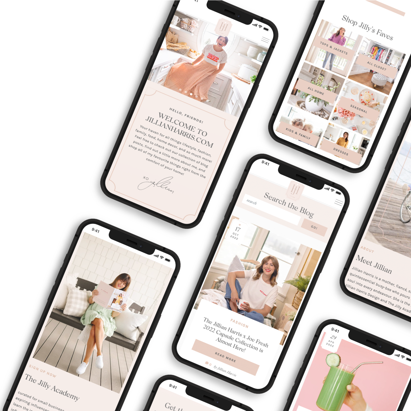 A series of iPhones mocked up with different parts of the Jillian Harris website.