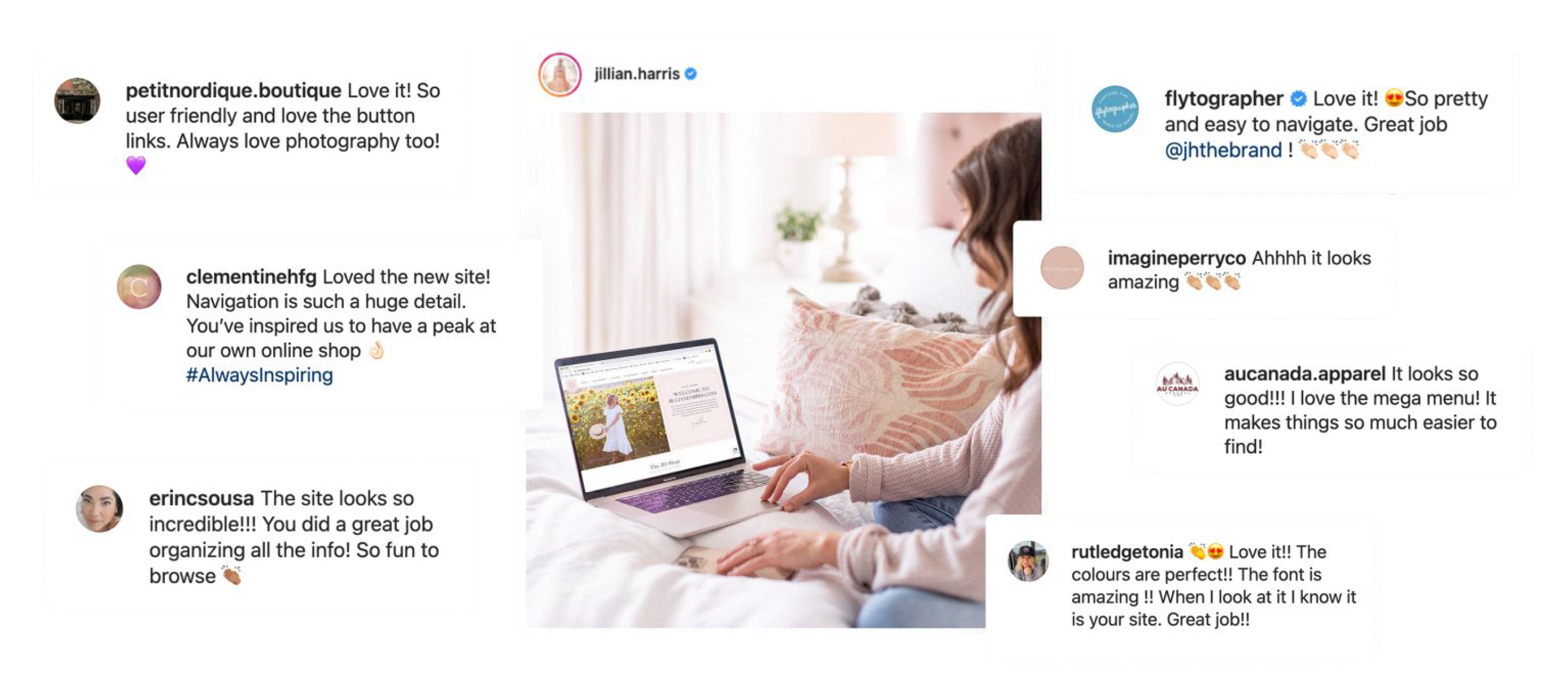 A collage of social posts about Jillian Harris' new website.