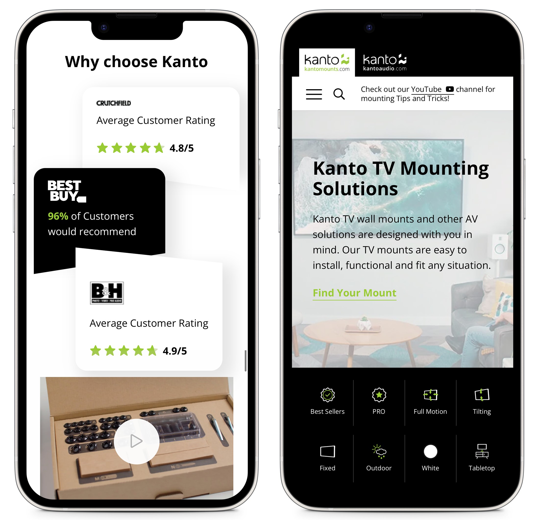 A couple iPhone mockups showing the various user interface elements of the Kanto Mounts website.