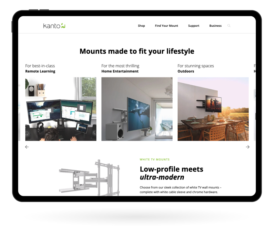 An iPad mockup of the Kanto Mount mount finder feature.