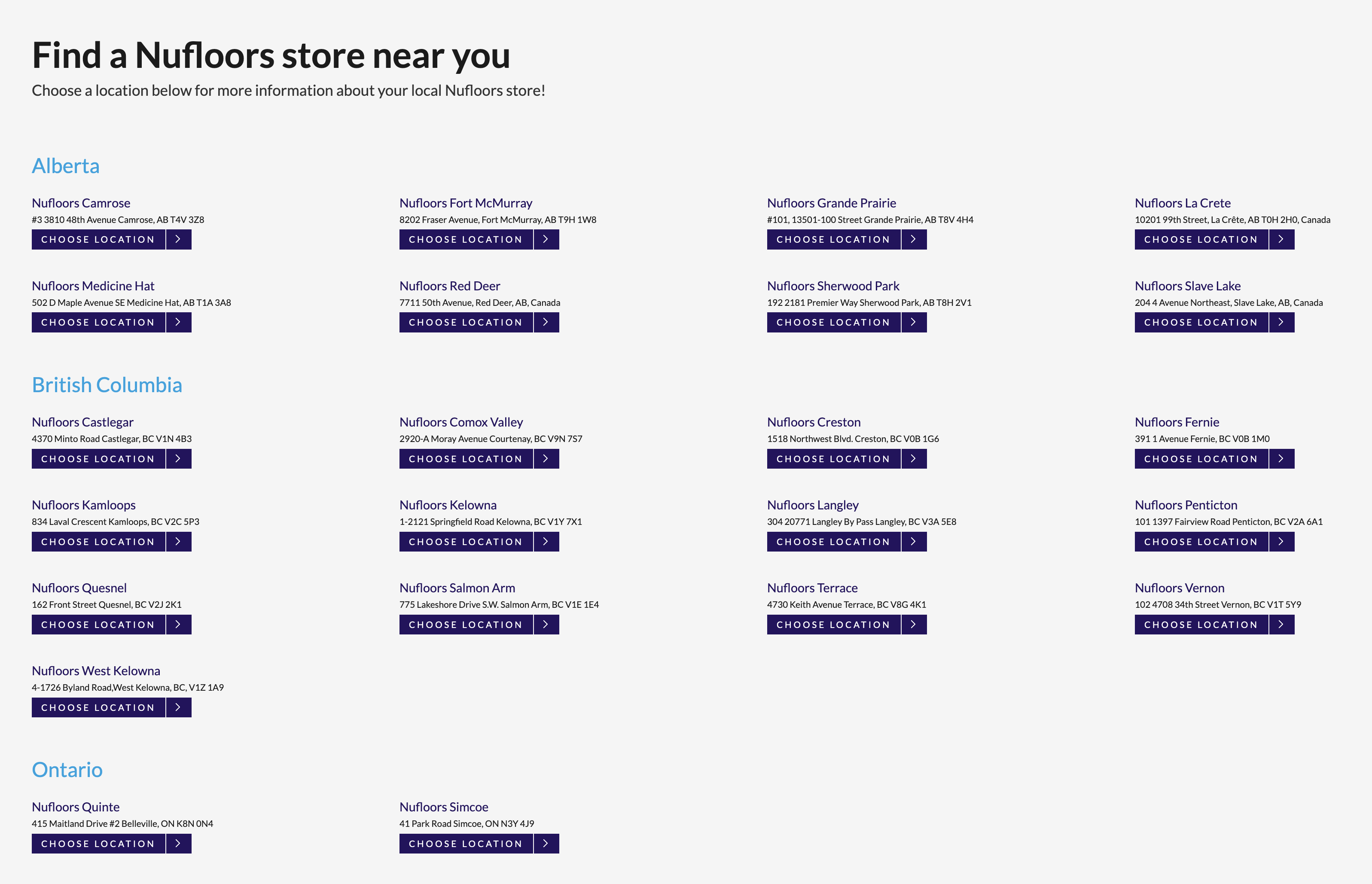 A screenshot of the store selector feature showing the various Nufloors locations.