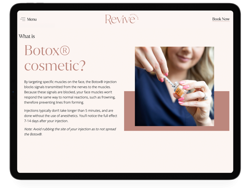 A mockup of an inner page on the Revive Skincare website on an iPad.