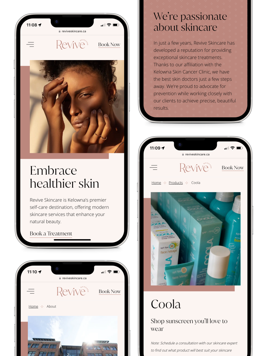 A collage of iPhone mockups showing different parts of the Revive website.