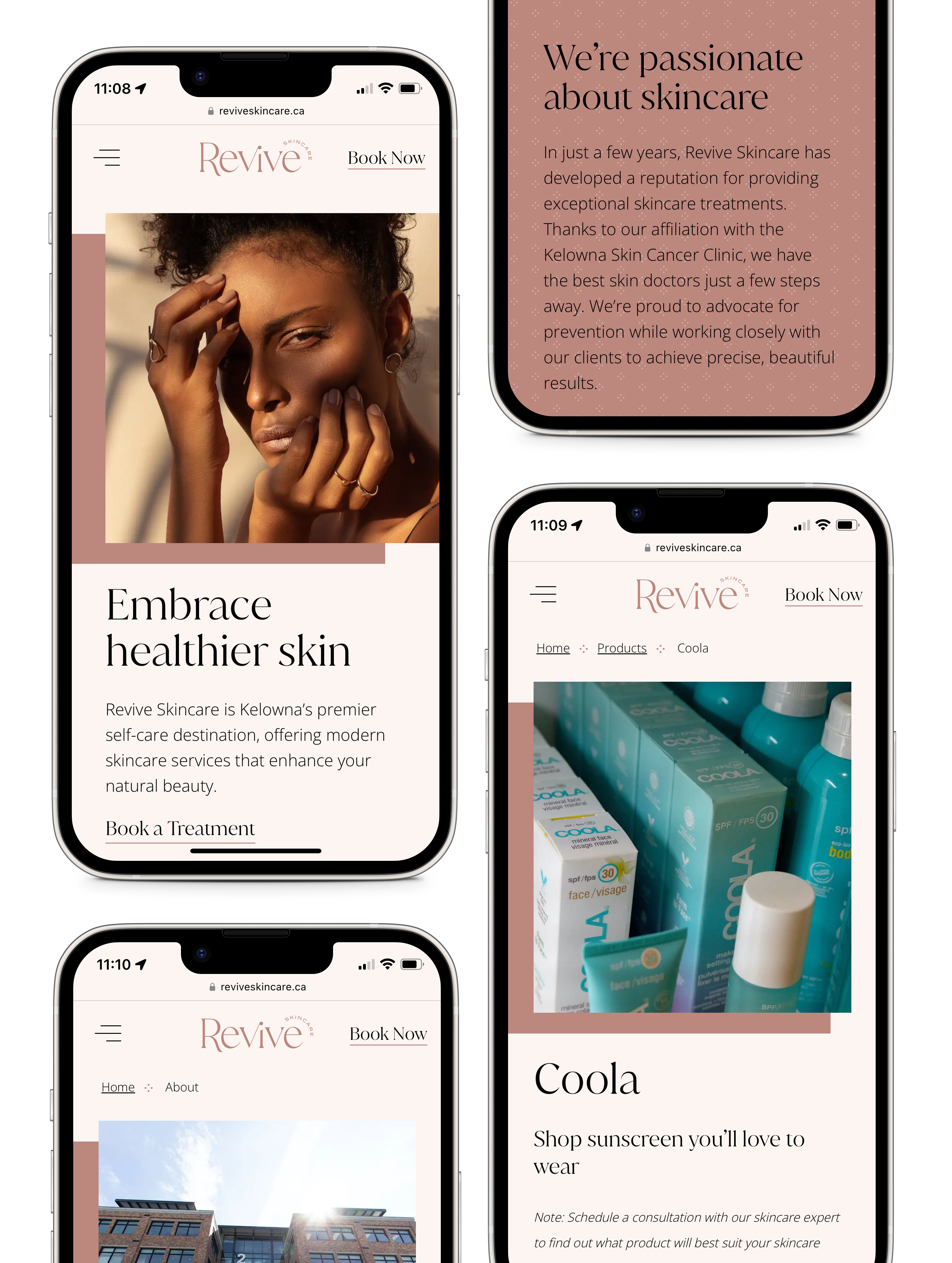 A collage of iPhone mockups showing different parts of the Revive website.