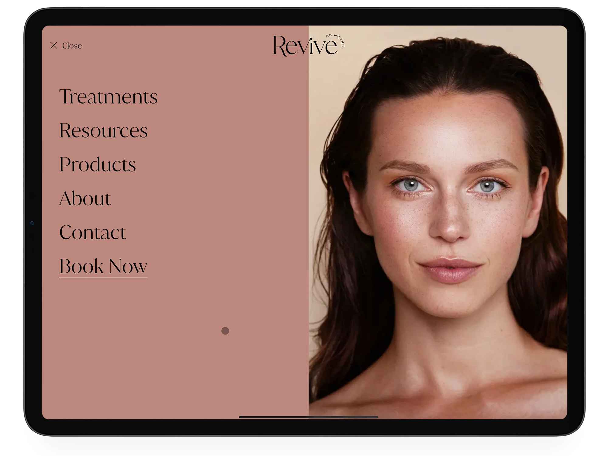 A mockup of the Revive Skincare website menu.