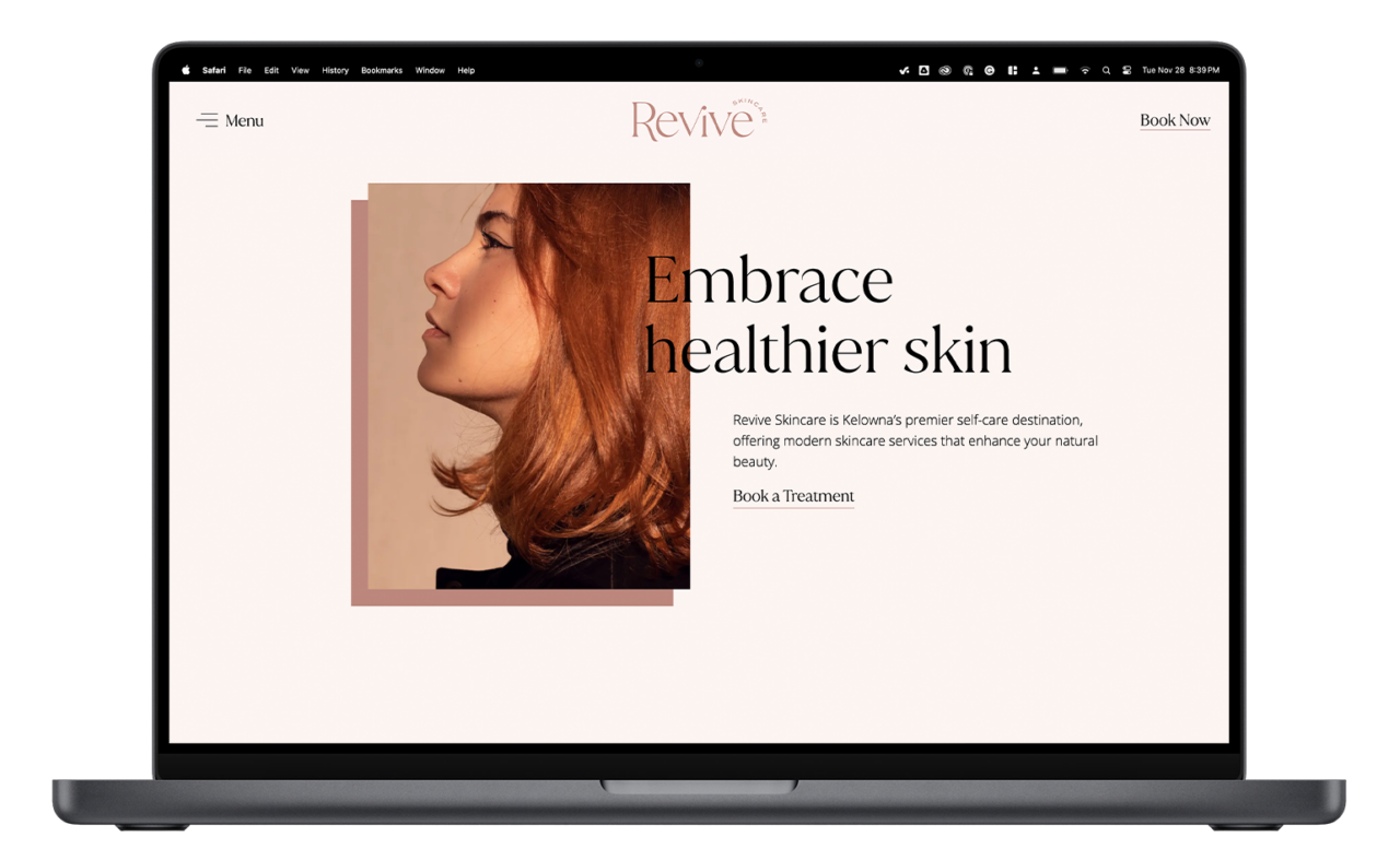 A mockup of the Revive Skincare homepage on a MacBook Pro.