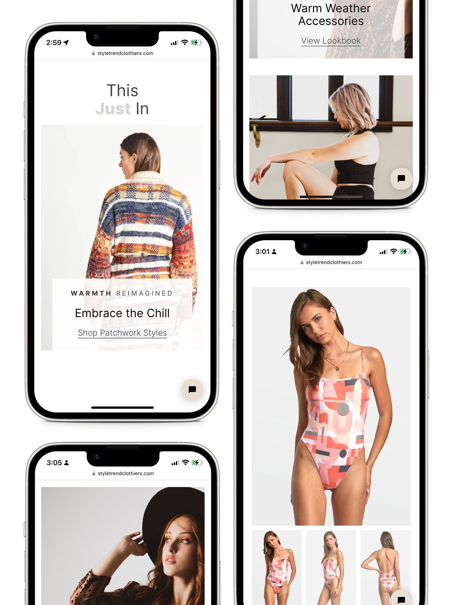 A mockup of some iPhones with different pages of the Style Trend Clothiers website.