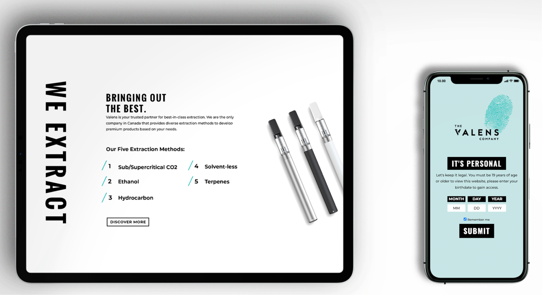 An iPad and iPhone mockup showing different parts of Valens' website.