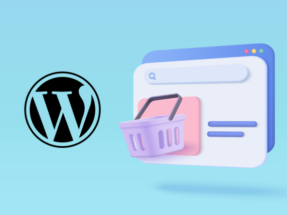 Wordpress logo with an ecommerce page beside it