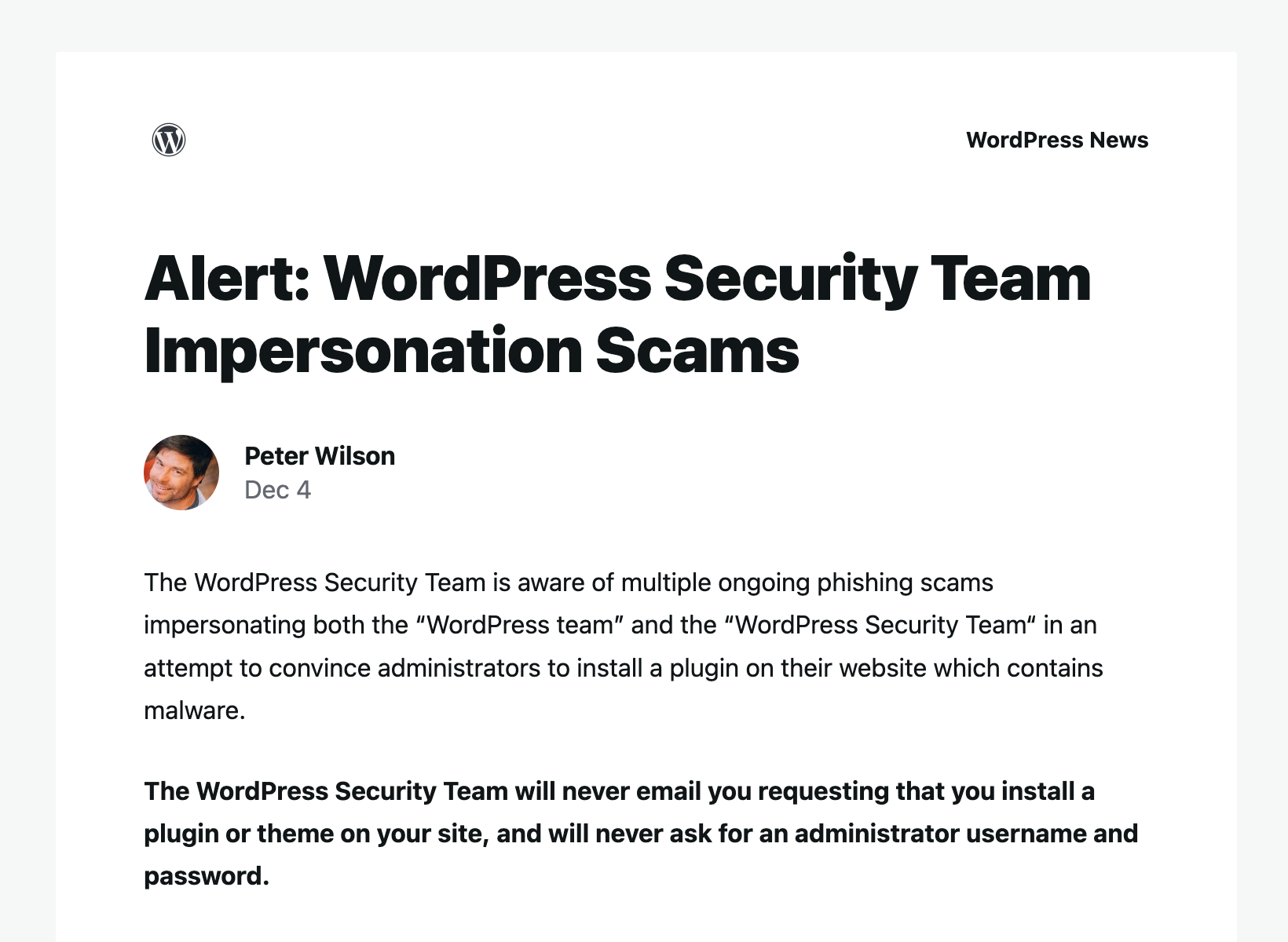 WordPress Security Team alert on impersonation scams warning users about phishing emails